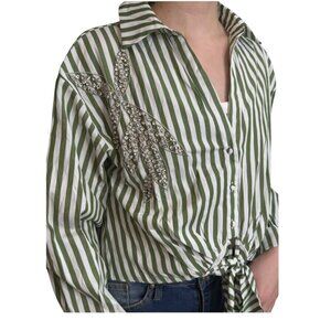 Milk and Honey Green and White Striped Tie-Front Blouse I Size: XL